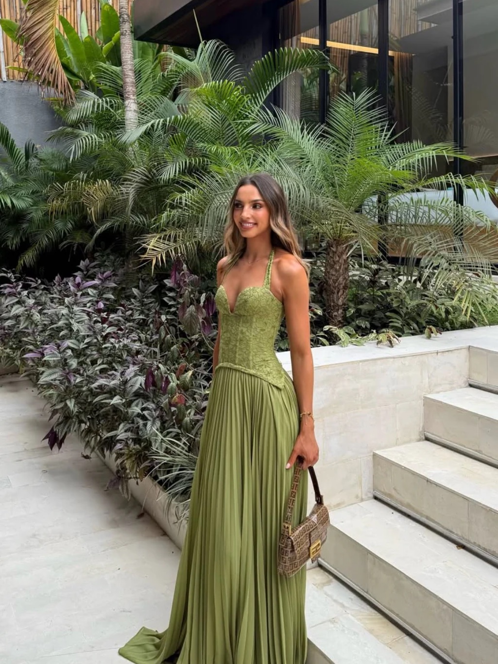 Olive Green Halter Corset Pleated Maxi Dress